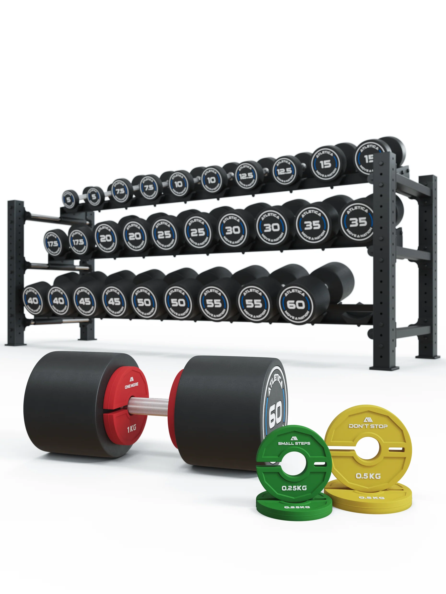 Rundhanteln PRO | Set 6 - Complete | 5 - 60kg | inkl. Add-on-Flex Plates und Ablage