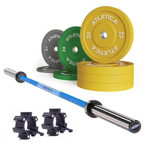 Langhantel Set Delta Electric Blue | Color Bumper Plates 90kg | Aluminium Verschlüsse