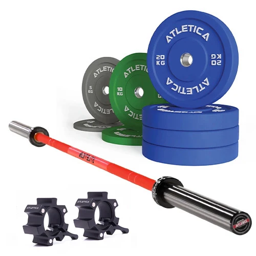 Langhantel Set Delta Electric Red | Color Bumper Plates 110kg | Aluminium Verschlüsse