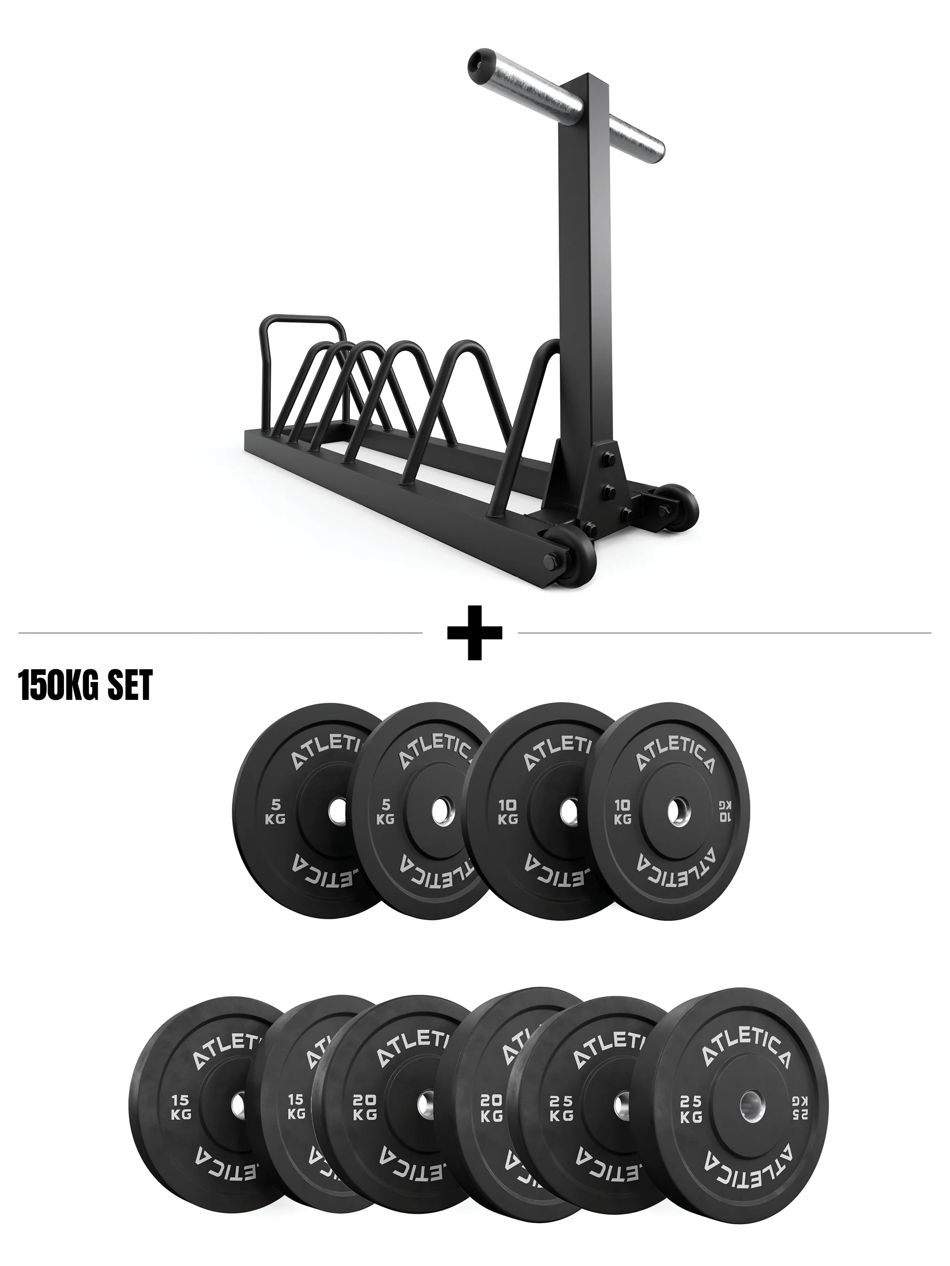 Tusker Set I Hantelscheibenablage & 150kg Black Bumper Plates